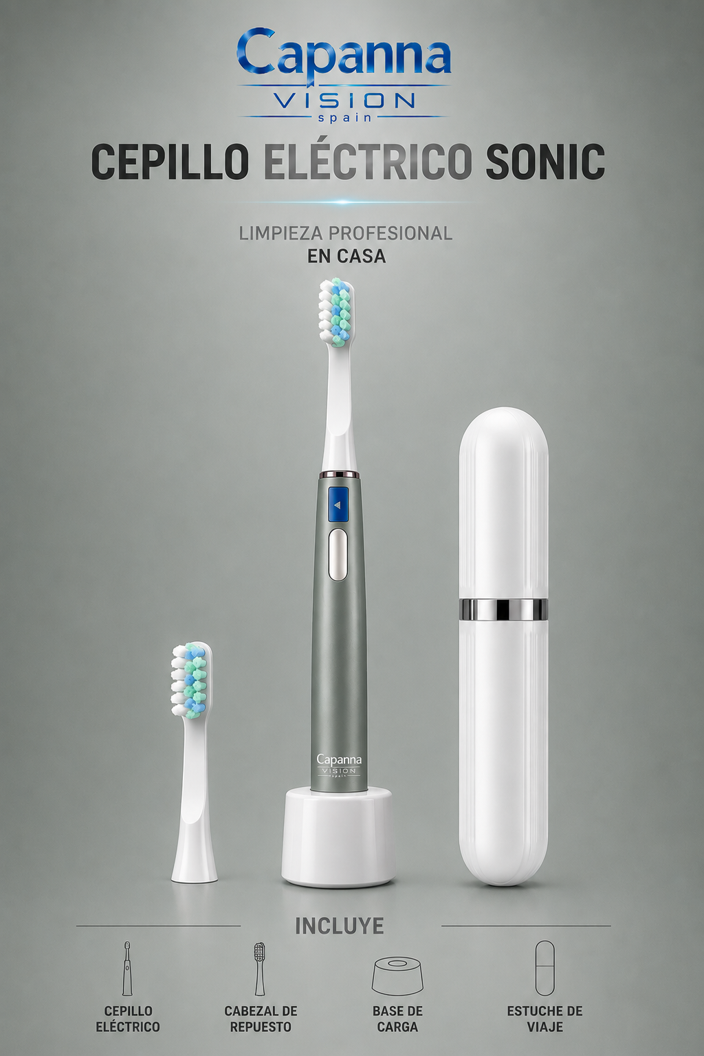 Cepillo de Dientes Eléctrico Sónico Recargable – 32000 Vibraciones, IPX6, con Estuche de Viaje