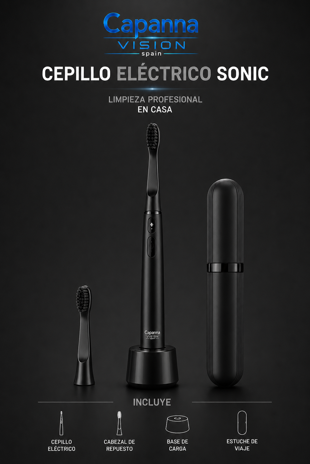 Cepillo de Dientes Eléctrico Sónico Recargable – 32000 Vibraciones, IPX6, con Estuche de Viaje
