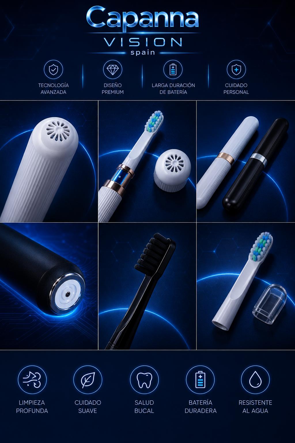 Cepillo de Dientes Eléctrico Sónico Recargable – 32000 Vibraciones, IPX6, con Estuche de Viaje