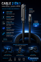 Cable USB-C 240W con Soporte para Móvil – Carga Rápida 2 en 1 Tipo Trípode