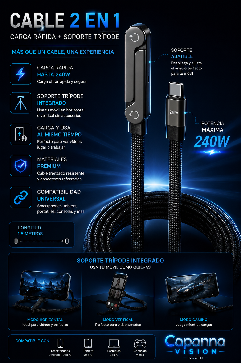 Cable USB-C 240W con Soporte para Móvil – Carga Rápida 2 en 1 Tipo Trípode