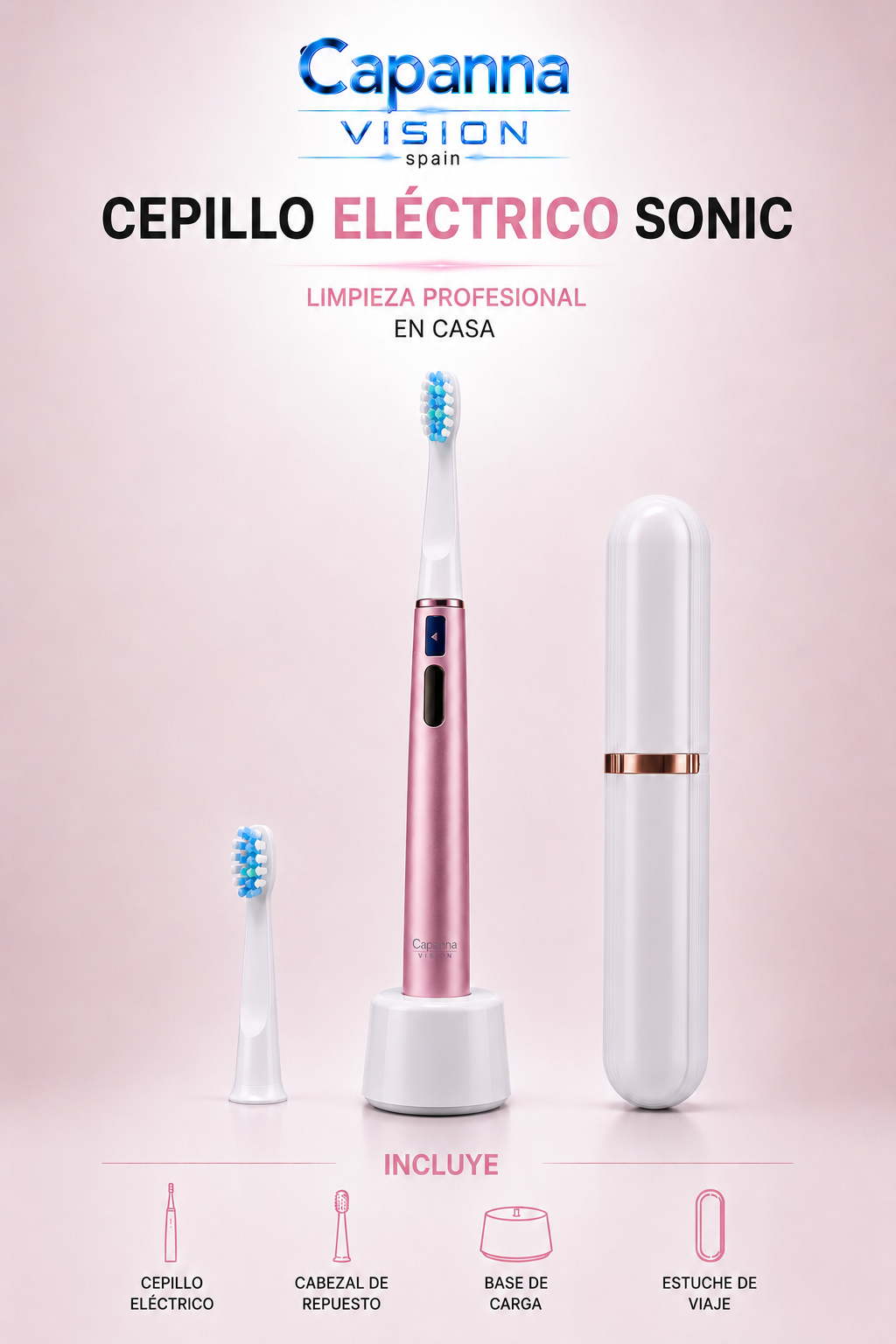 Cepillo de Dientes Eléctrico Sónico Recargable – 32000 Vibraciones, IPX6, con Estuche de Viaje