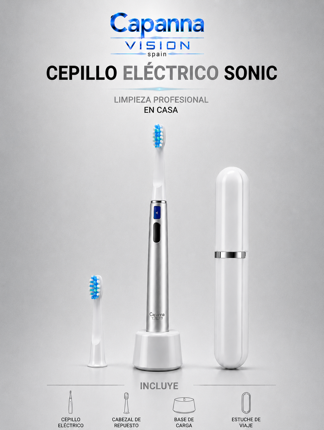 Cepillo de Dientes Eléctrico Sónico Recargable – 32000 Vibraciones, IPX6, con Estuche de Viaje
