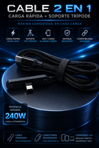 Cable USB-C 240W con Soporte para Móvil – Carga Rápida 2 en 1 Tipo Trípode