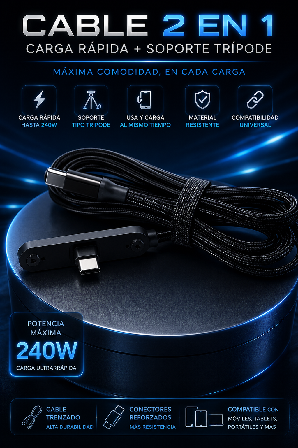 Cable USB-C 240W con Soporte para Móvil – Carga Rápida 2 en 1 Tipo Trípode
