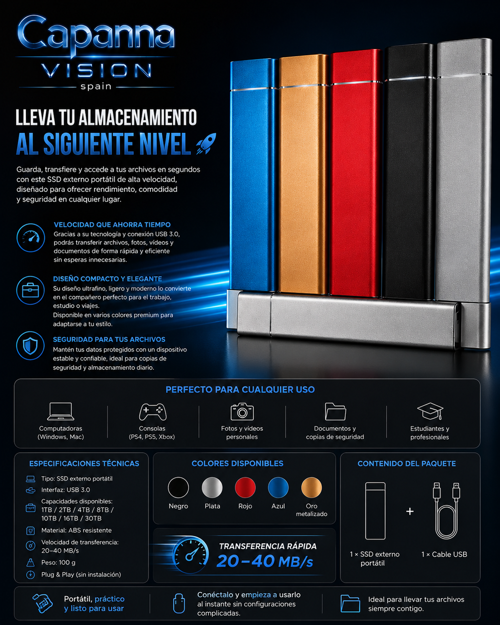 SSD Externo Portátil USB 3.0 – 1TB a 30TB | Disco Duro Compacto de Alta Velocidad