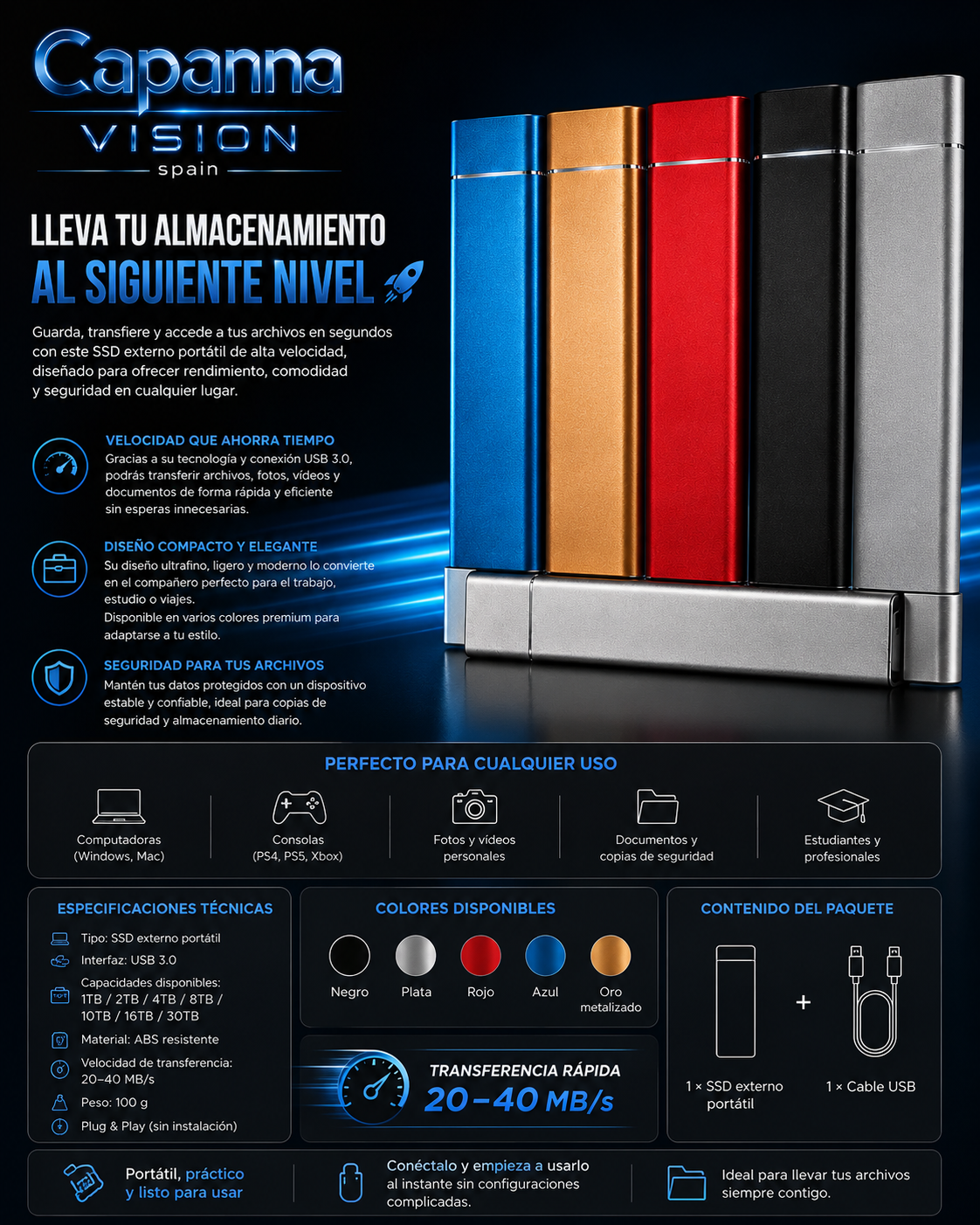 SSD Externo Portátil USB 3.0 – 1TB a 30TB | Disco Duro Compacto de Alta Velocidad