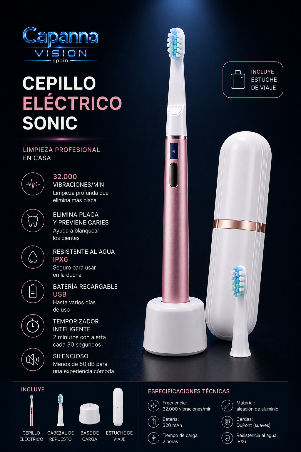 Cepillo de Dientes Eléctrico Sónico Recargable – 32000 Vibraciones, IPX6, con Estuche de Viaje